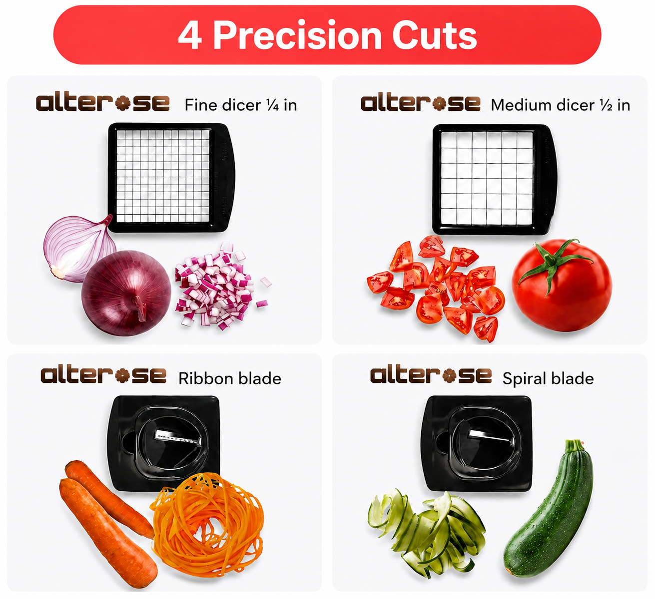 Four Alterase precision cuts: fine dice, medium dice, ribbon and spiral