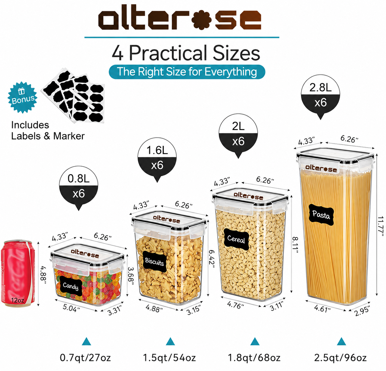 Alterase storage container sizes with dimensions and volumes
